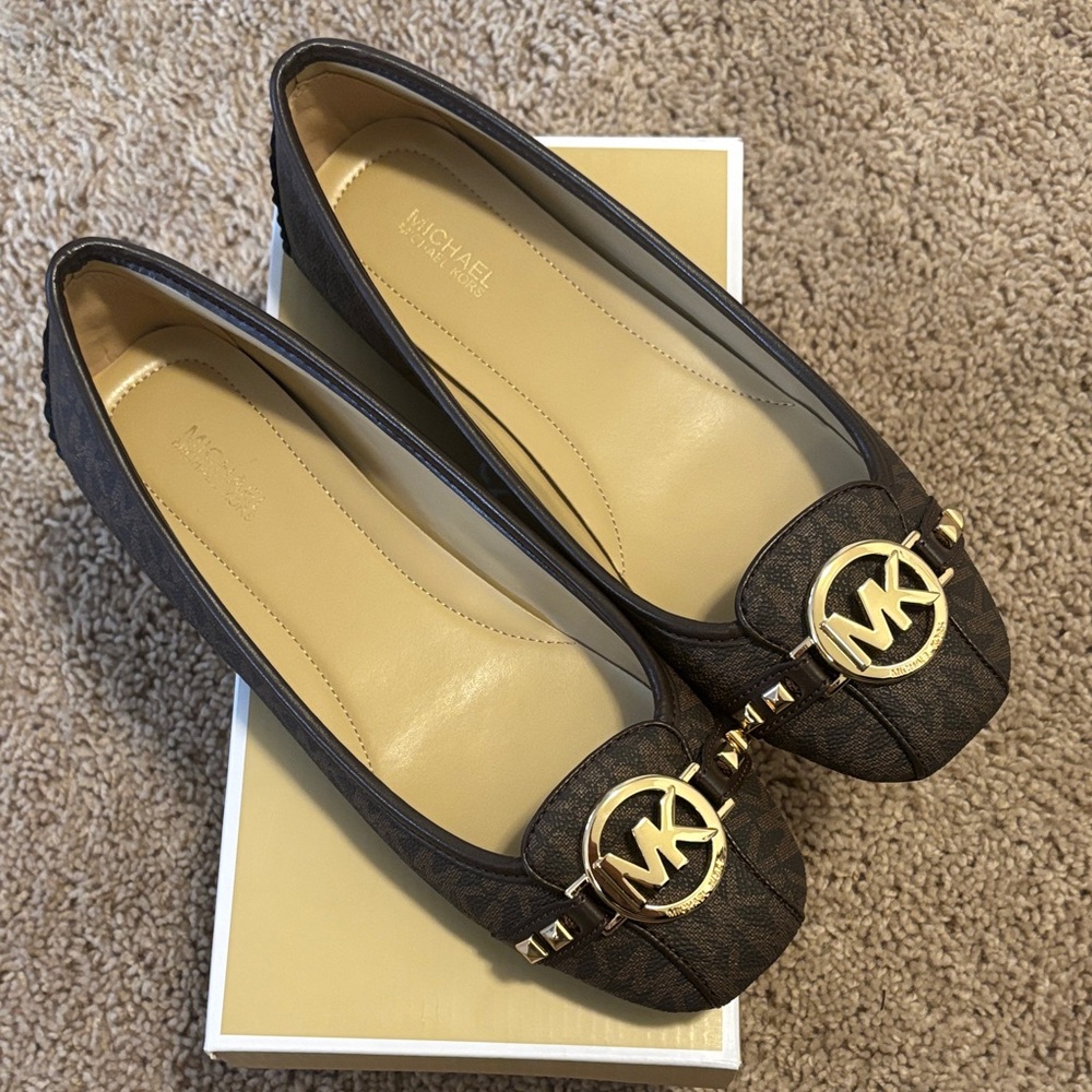 Michael Kors Dark Brown MK Logo Ballet Flats with Gold Hardware